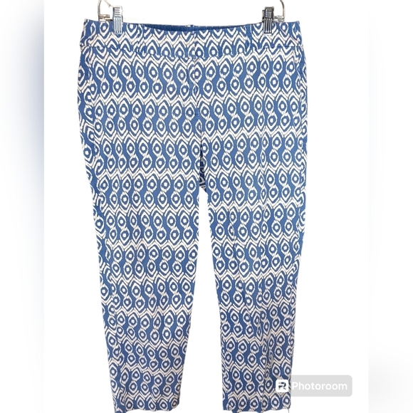 Ann Taylor Womens Carnegie Crop Pants Blue Geometric Mid Rise Skinny Size 8 - Picture 1 of 6